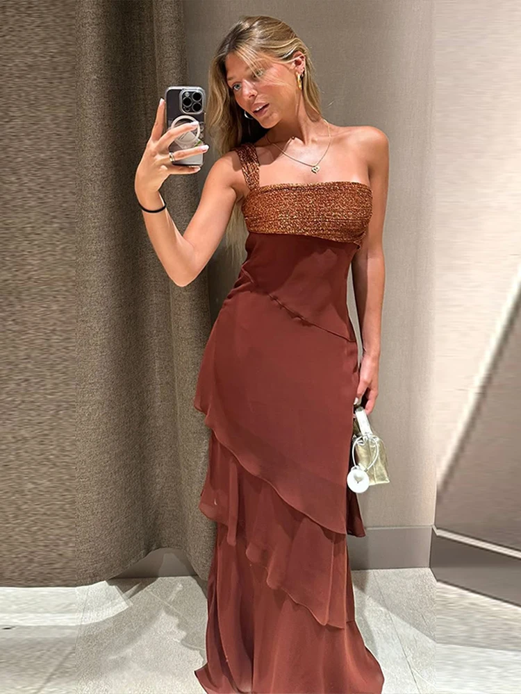 Women Dress Chiffon Strapless Detachable Neck Maxi Dress Scarf Strap Multi Tier Ruffle Layered Flowy Hem Slim Elegant Dress Lady