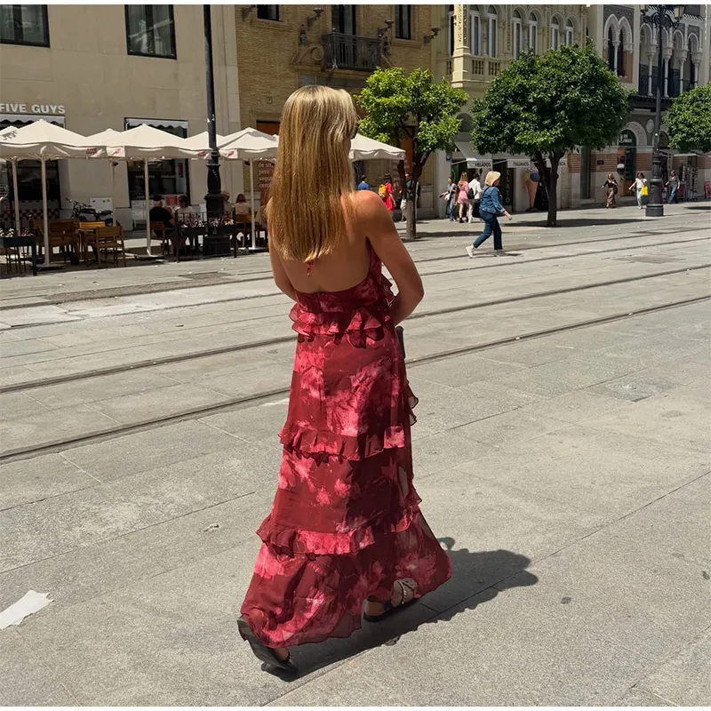Women Dress Chiffon Strapless Detachable Neck Maxi Dress Scarf Strap Multi Tier Ruffle Layered Flowy Hem Slim Elegant Dress Lady