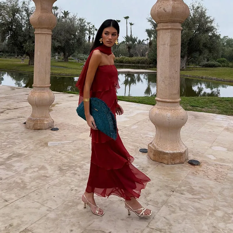 Women Dress Chiffon Strapless Detachable Neck Maxi Dress Scarf Strap Multi Tier Ruffle Layered Flowy Hem Slim Elegant Dress Lady