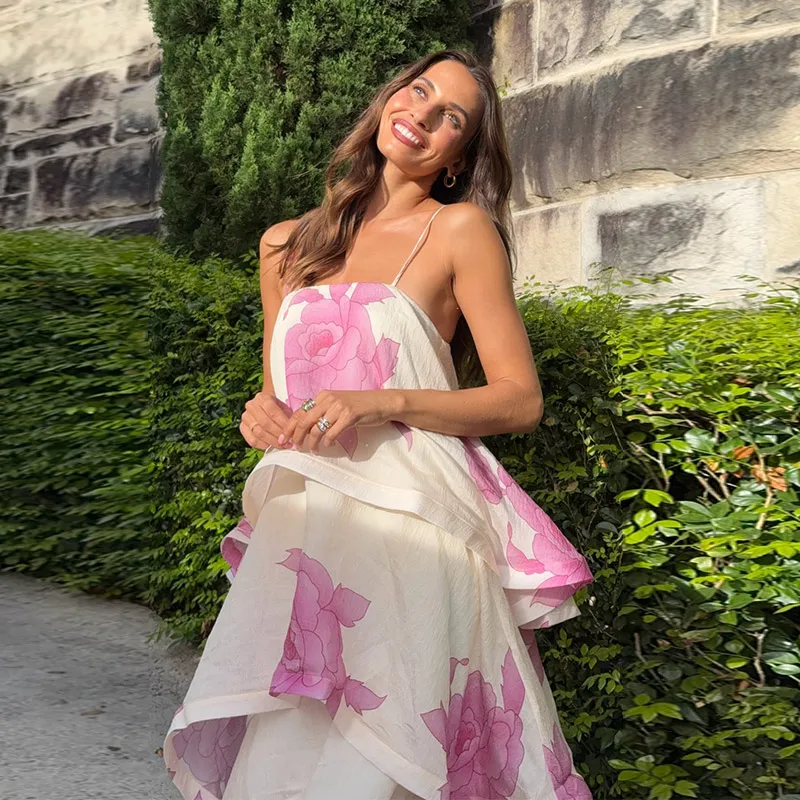 Women Dress Chiffon Strapless Detachable Neck Maxi Dress Scarf Strap Multi Tier Ruffle Layered Flowy Hem Slim Elegant Dress Lady