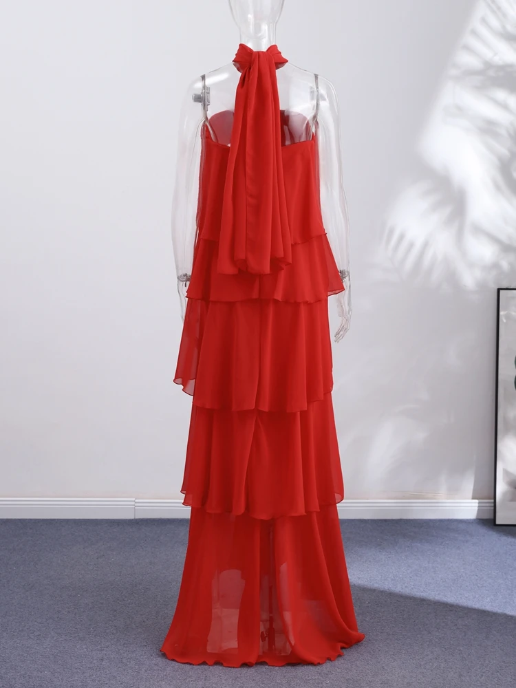 Women Dress Chiffon Strapless Detachable Neck Maxi Dress Scarf Strap Multi Tier Ruffle Layered Flowy Hem Slim Elegant Dress Lady