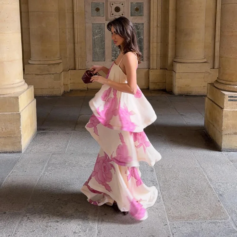 Women Dress Chiffon Strapless Detachable Neck Maxi Dress Scarf Strap Multi Tier Ruffle Layered Flowy Hem Slim Elegant Dress Lady