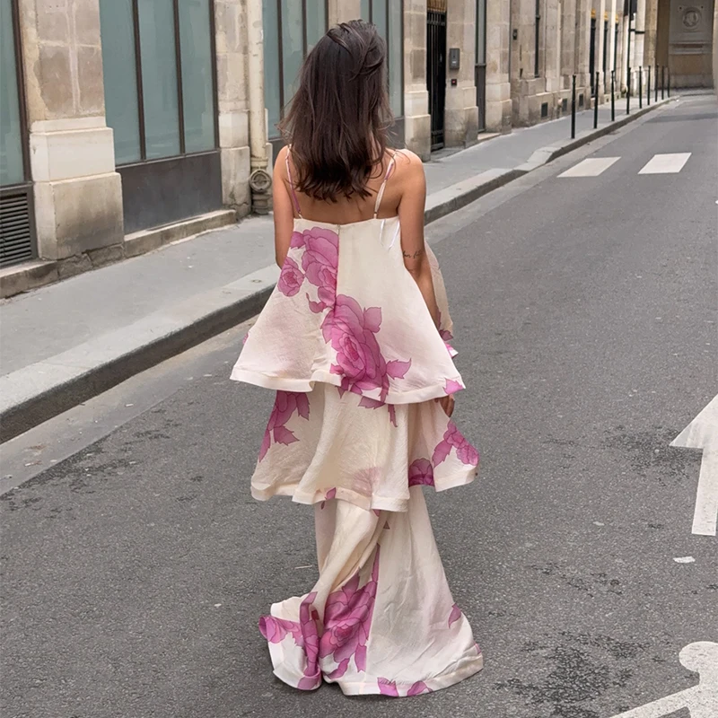 Women Dress Chiffon Strapless Detachable Neck Maxi Dress Scarf Strap Multi Tier Ruffle Layered Flowy Hem Slim Elegant Dress Lady