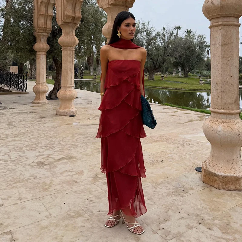 Women Dress Chiffon Strapless Detachable Neck Maxi Dress Scarf Strap Multi Tier Ruffle Layered Flowy Hem Slim Elegant Dress Lady