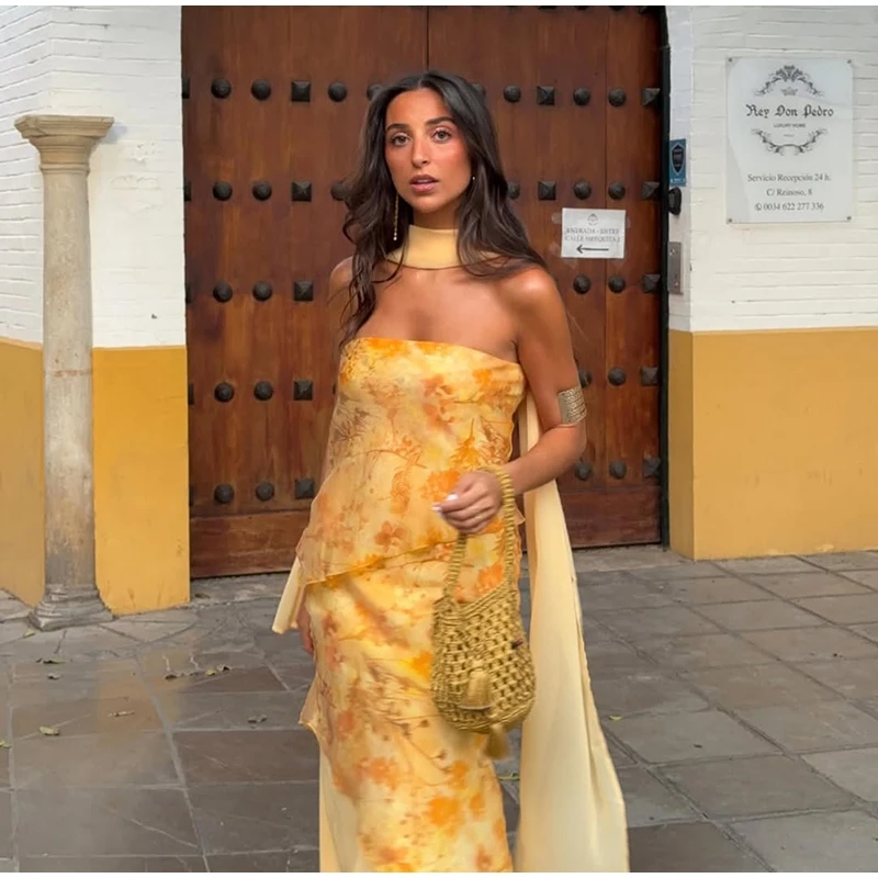 Women Dress Chiffon Strapless Detachable Neck Maxi Dress Scarf Strap Multi Tier Ruffle Layered Flowy Hem Slim Elegant Dress Lady