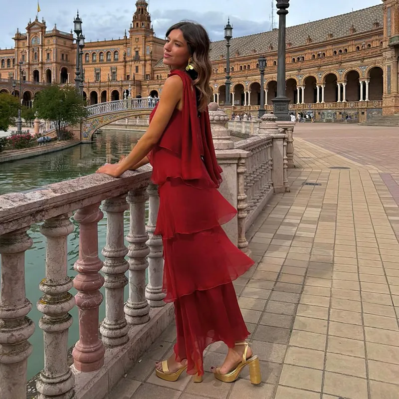 Women Dress Chiffon Strapless Detachable Neck Maxi Dress Scarf Strap Multi Tier Ruffle Layered Flowy Hem Slim Elegant Dress Lady
