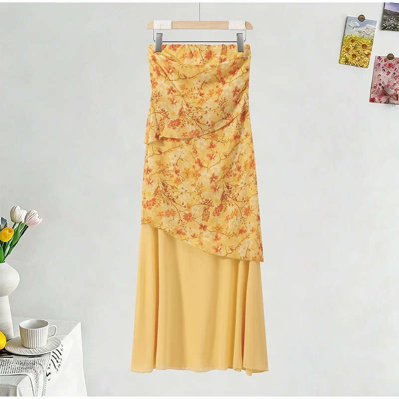 Women Dress Chiffon Strapless Detachable Neck Maxi Dress Scarf Strap Multi Tier Ruffle Layered Flowy Hem Slim Elegant Dress Lady