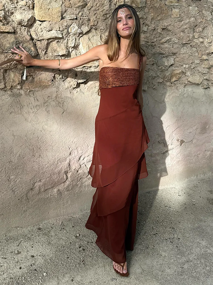 Women Dress Chiffon Strapless Detachable Neck Maxi Dress Scarf Strap Multi Tier Ruffle Layered Flowy Hem Slim Elegant Dress Lady
