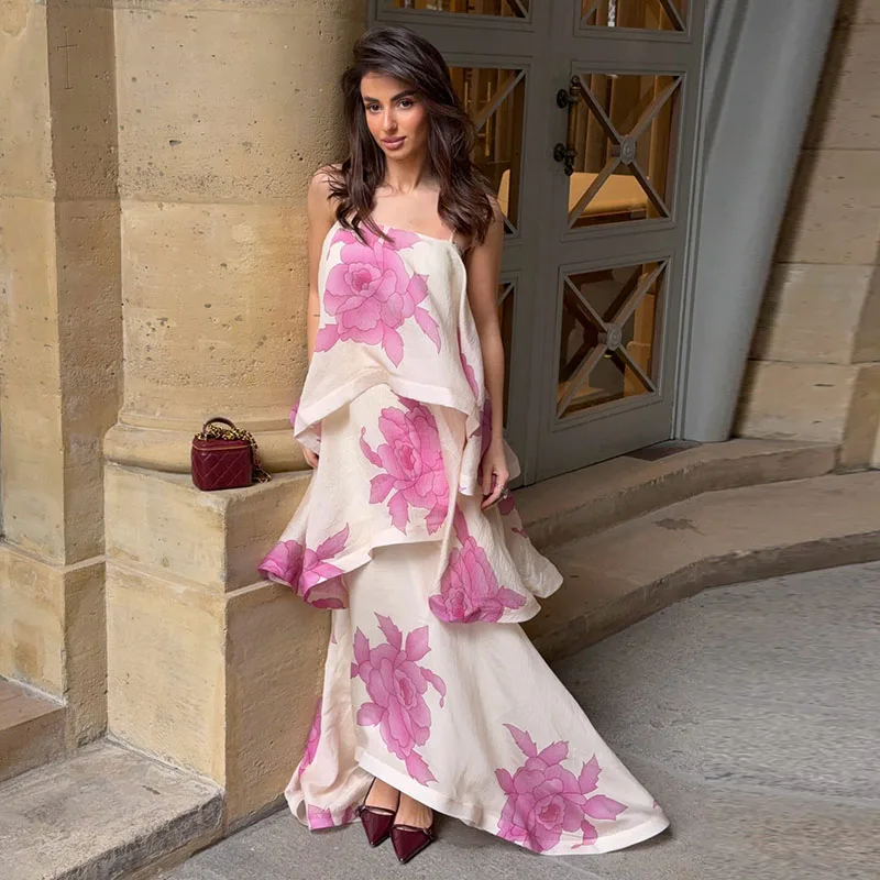 Women Dress Chiffon Strapless Detachable Neck Maxi Dress Scarf Strap Multi Tier Ruffle Layered Flowy Hem Slim Elegant Dress Lady