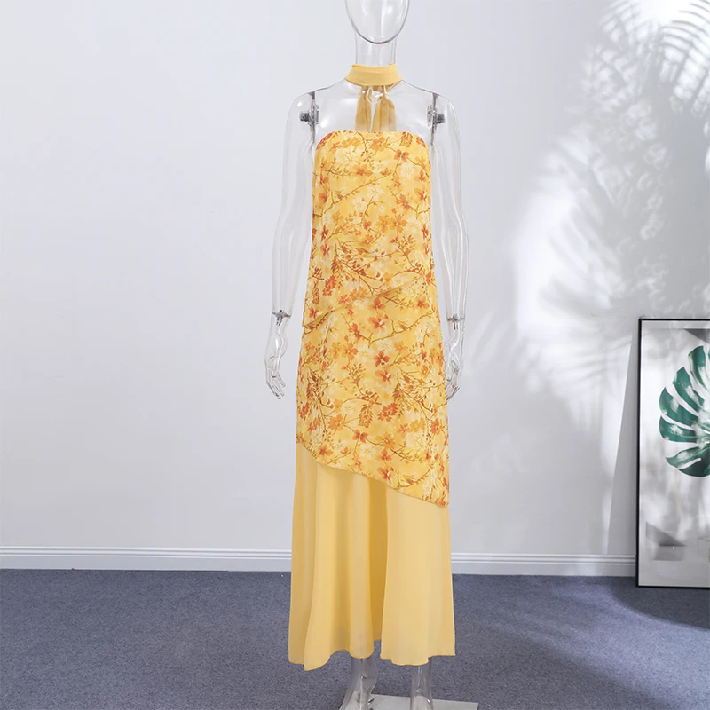 Women Dress Chiffon Strapless Detachable Neck Maxi Dress Scarf Strap Multi Tier Ruffle Layered Flowy Hem Slim Elegant Dress Lady