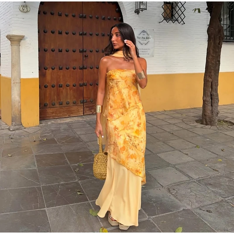 Women Dress Chiffon Strapless Detachable Neck Maxi Dress Scarf Strap Multi Tier Ruffle Layered Flowy Hem Slim Elegant Dress Lady