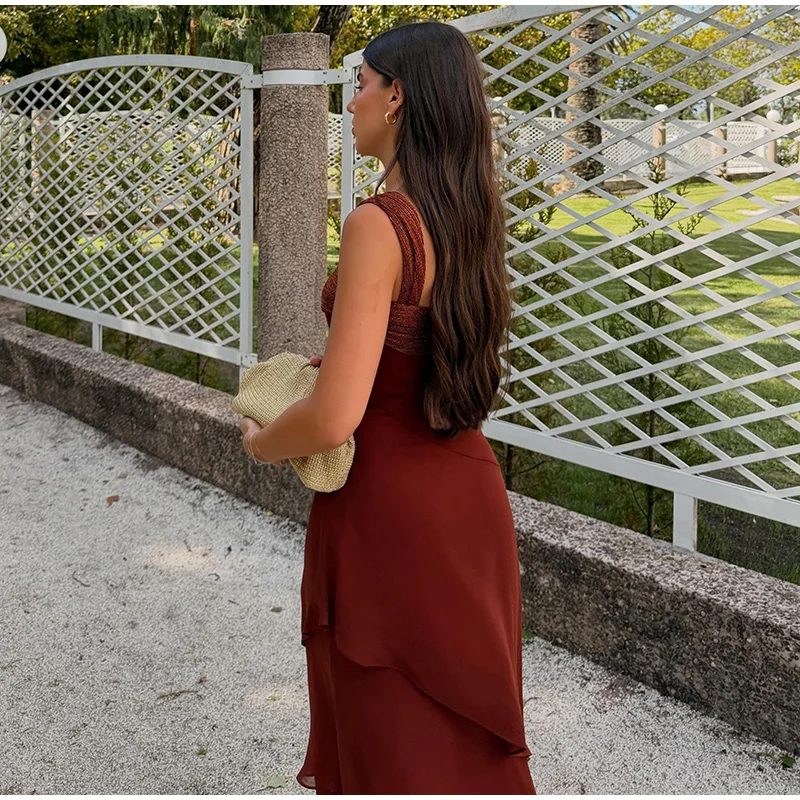 Women Dress Chiffon Strapless Detachable Neck Maxi Dress Scarf Strap Multi Tier Ruffle Layered Flowy Hem Slim Elegant Dress Lady