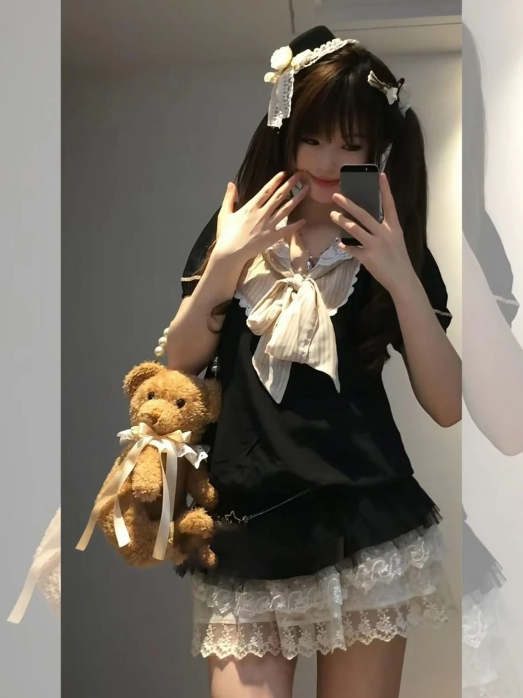 Harajuku 90s Aesthetic Sexy Dress Female New Sweet Y2k Slim Gothic Outfits Women Punk Fake Two Piece Vintage Short Sleeve Dress