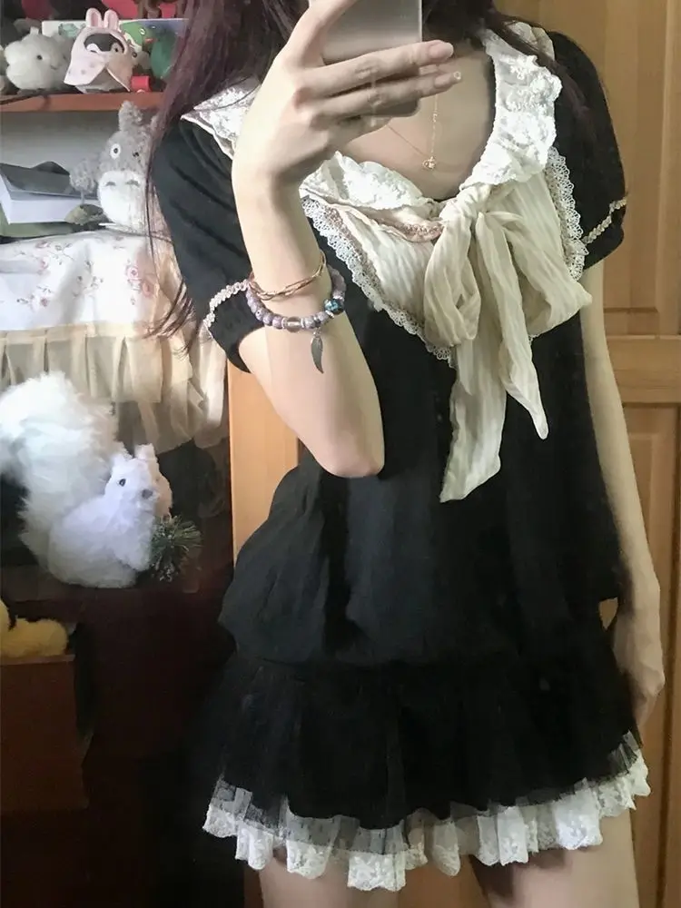 Harajuku 90s Aesthetic Sexy Dress Female New Sweet Y2k Slim Gothic Outfits Women Punk Fake Two Piece Vintage Short Sleeve Dress