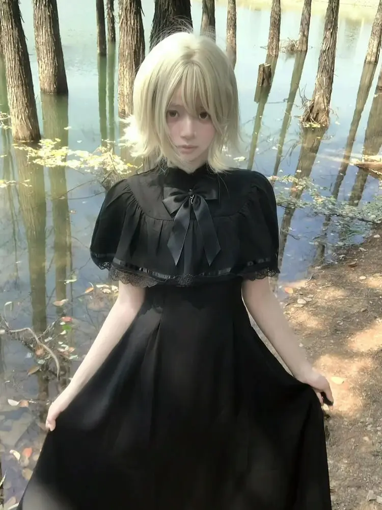 Gothic Y2K Summer Slim Lace Dress Women High Street Vintage Bow Thin Black Dresses Female Fashion Design 2026 Solid Outfits