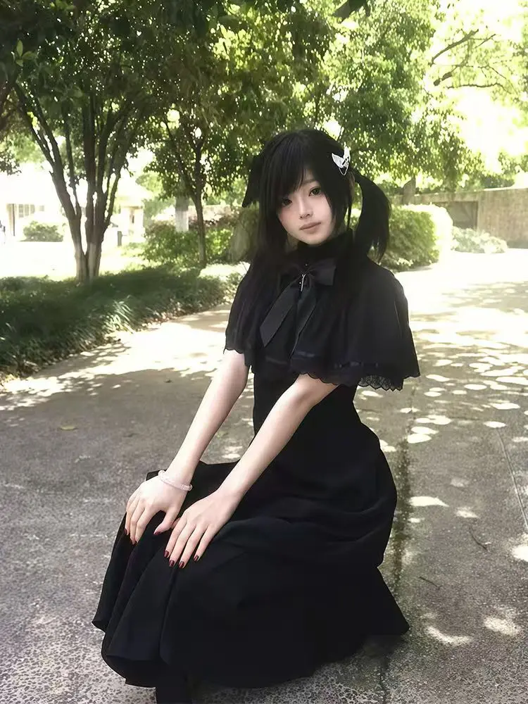 Gothic Y2K Summer Slim Lace Dress Women High Street Vintage Bow Thin Black Dresses Female Fashion Design 2026 Solid Outfits