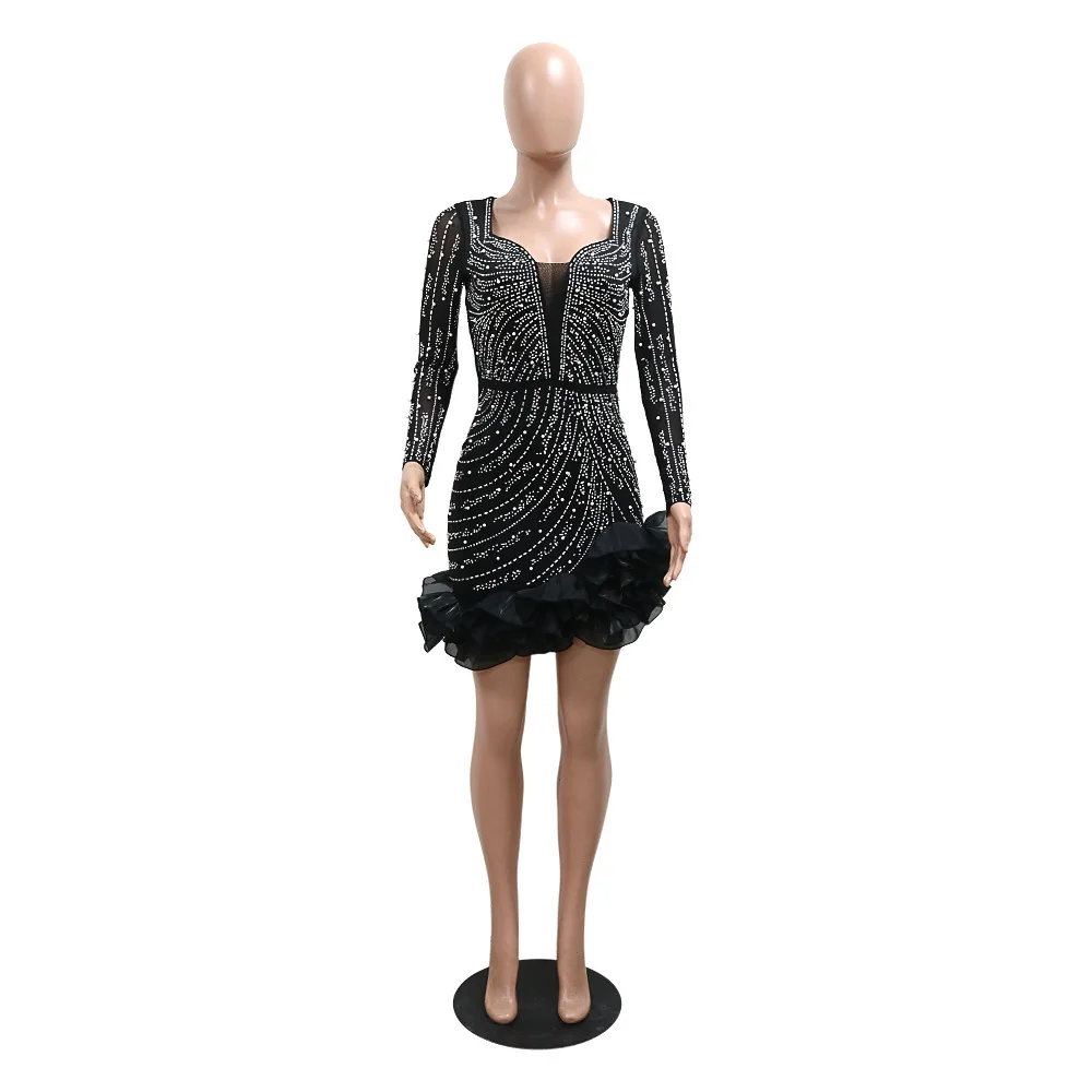 CM.YAYA Spring Women Long Sleeve Ruffles Hot Drilling Bead Short Dress Sexy Night Club Evening Birthday Mini Dresses Vestidos
