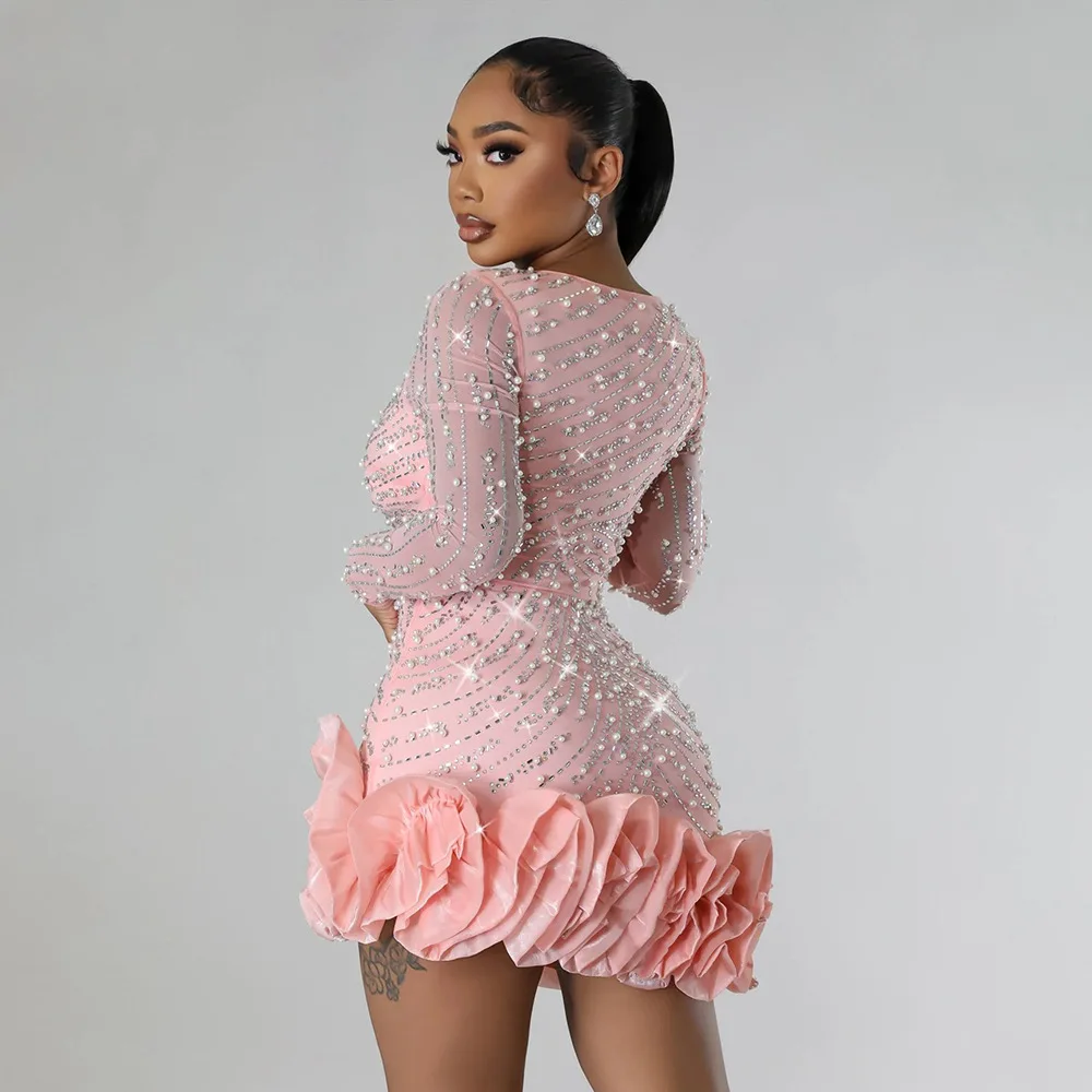 CM.YAYA Spring Women Long Sleeve Ruffles Hot Drilling Bead Short Dress Sexy Night Club Evening Birthday Mini Dresses Vestidos
