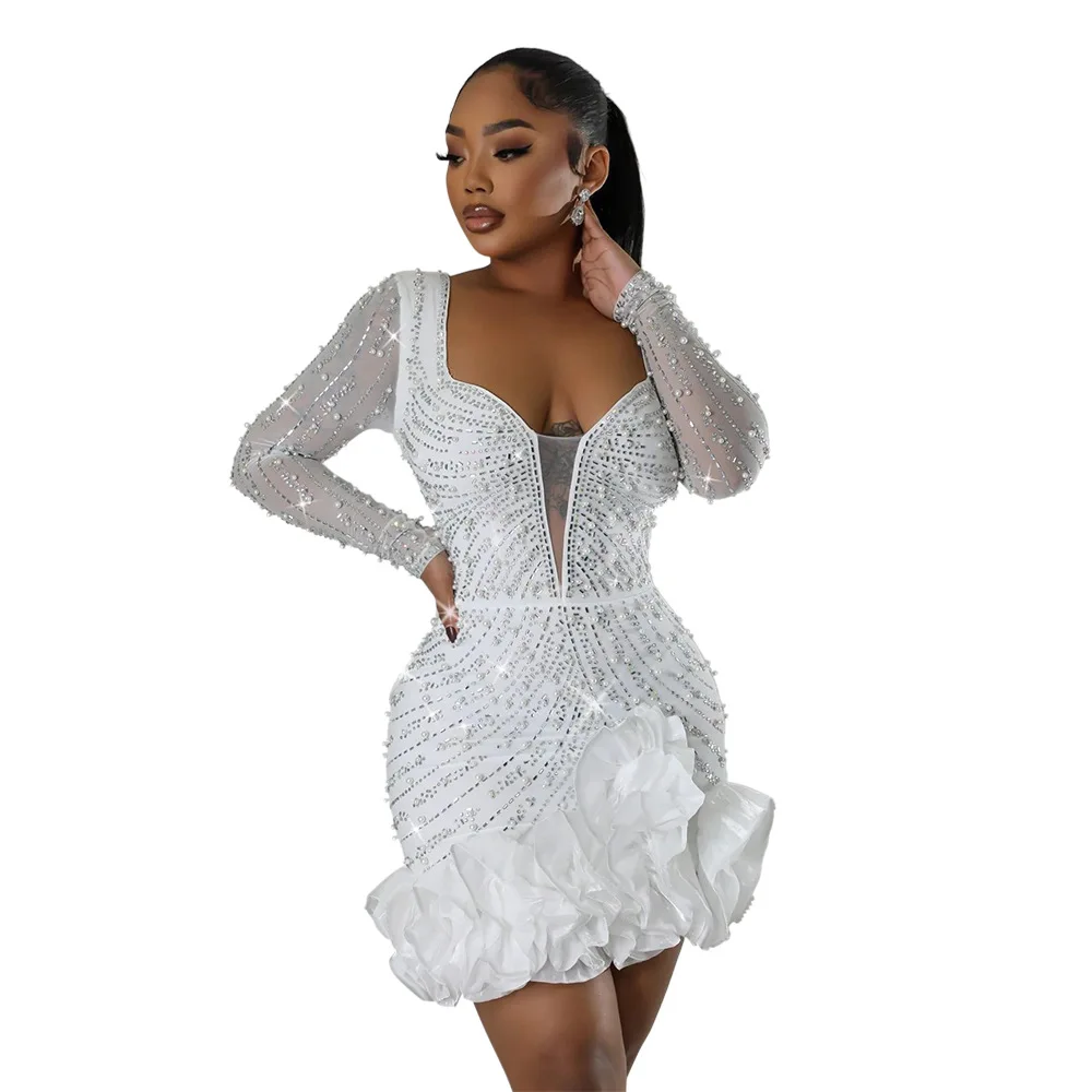 CM.YAYA Spring Women Long Sleeve Ruffles Hot Drilling Bead Short Dress Sexy Night Club Evening Birthday Mini Dresses Vestidos