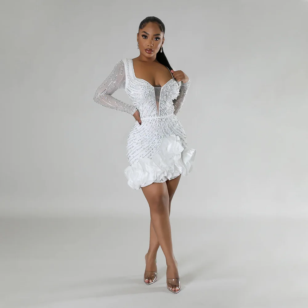 CM.YAYA Spring Women Long Sleeve Ruffles Hot Drilling Bead Short Dress Sexy Night Club Evening Birthday Mini Dresses Vestidos