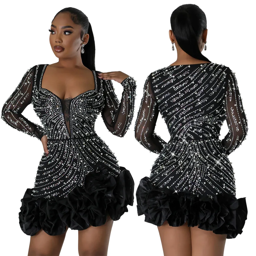 CM.YAYA Spring Women Long Sleeve Ruffles Hot Drilling Bead Short Dress Sexy Night Club Evening Birthday Mini Dresses Vestidos