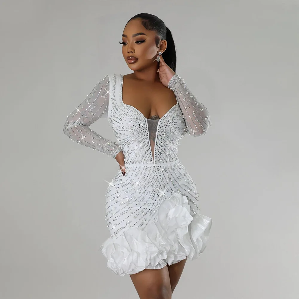 CM.YAYA Spring Women Long Sleeve Ruffles Hot Drilling Bead Short Dress Sexy Night Club Evening Birthday Mini Dresses Vestidos