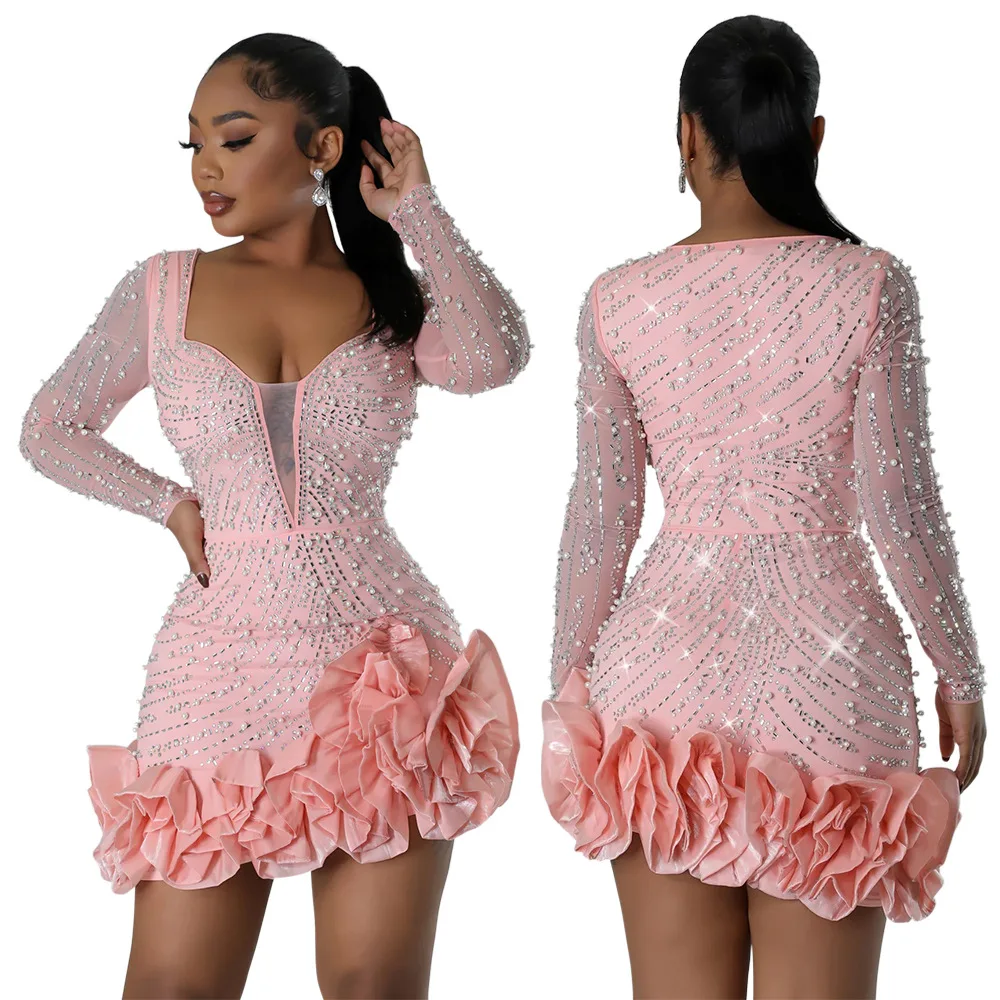 CM.YAYA Spring Women Long Sleeve Ruffles Hot Drilling Bead Short Dress Sexy Night Club Evening Birthday Mini Dresses Vestidos