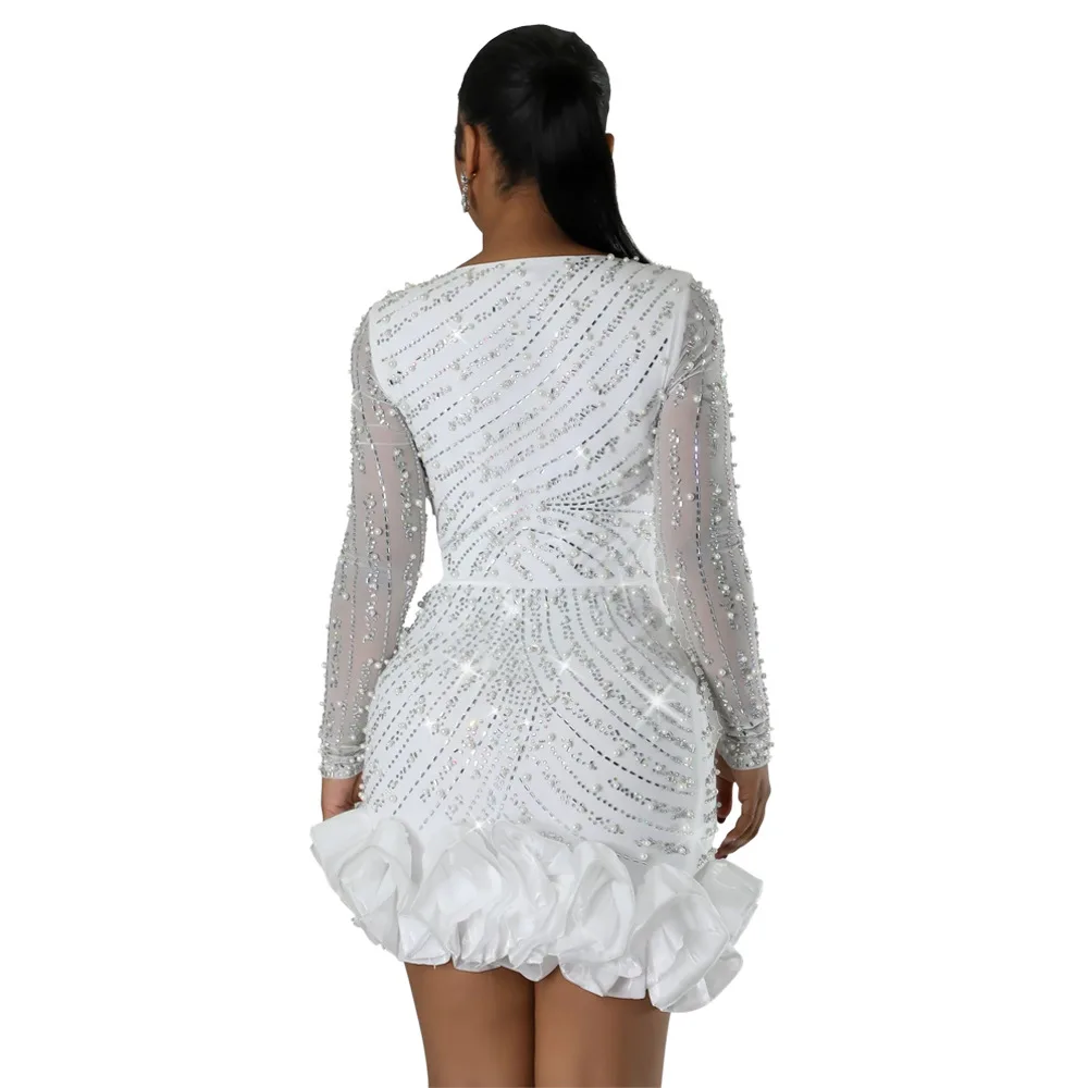 CM.YAYA Spring Women Long Sleeve Ruffles Hot Drilling Bead Short Dress Sexy Night Club Evening Birthday Mini Dresses Vestidos