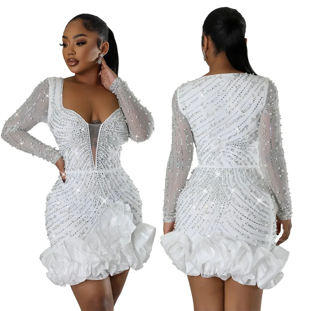 CM.YAYA Spring Women Long Sleeve Ruffles Hot Drilling Bead Short Dress Sexy Night Club Evening Birthday Mini Dresses Vestidos