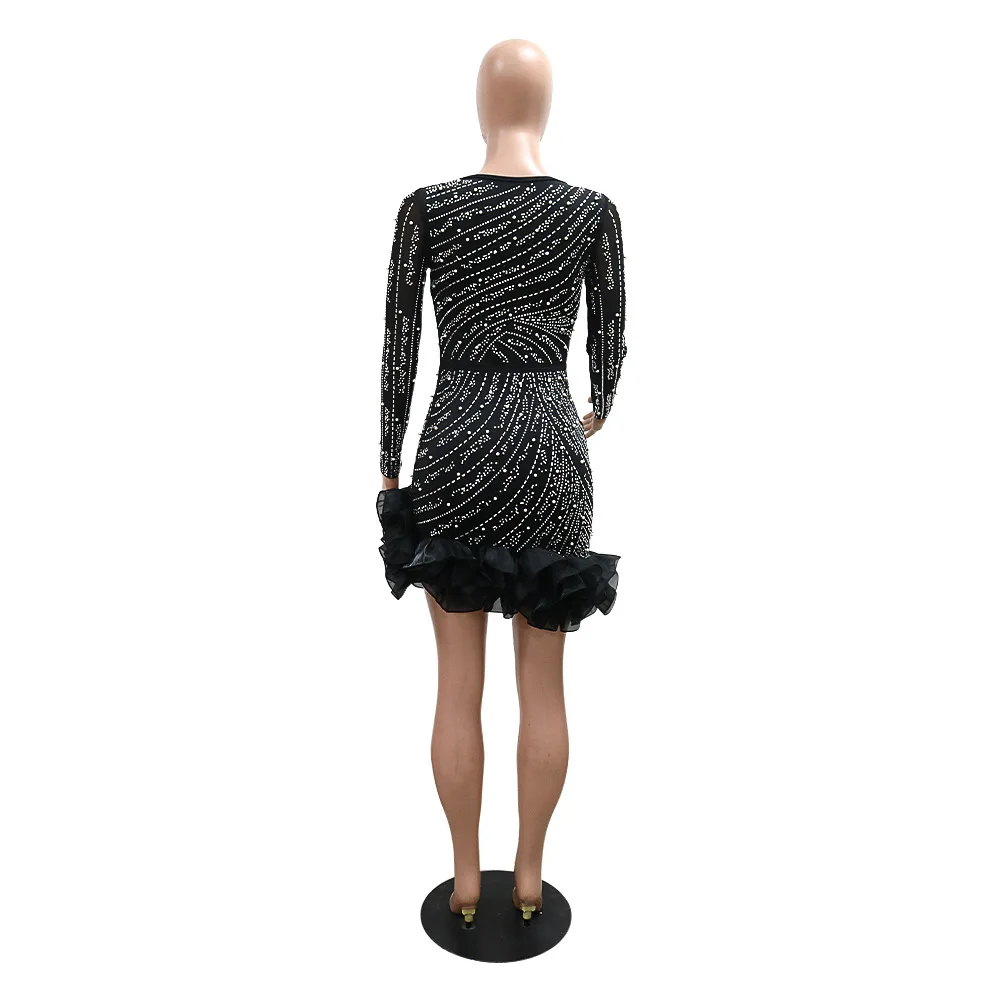 CM.YAYA Spring Women Long Sleeve Ruffles Hot Drilling Bead Short Dress Sexy Night Club Evening Birthday Mini Dresses Vestidos