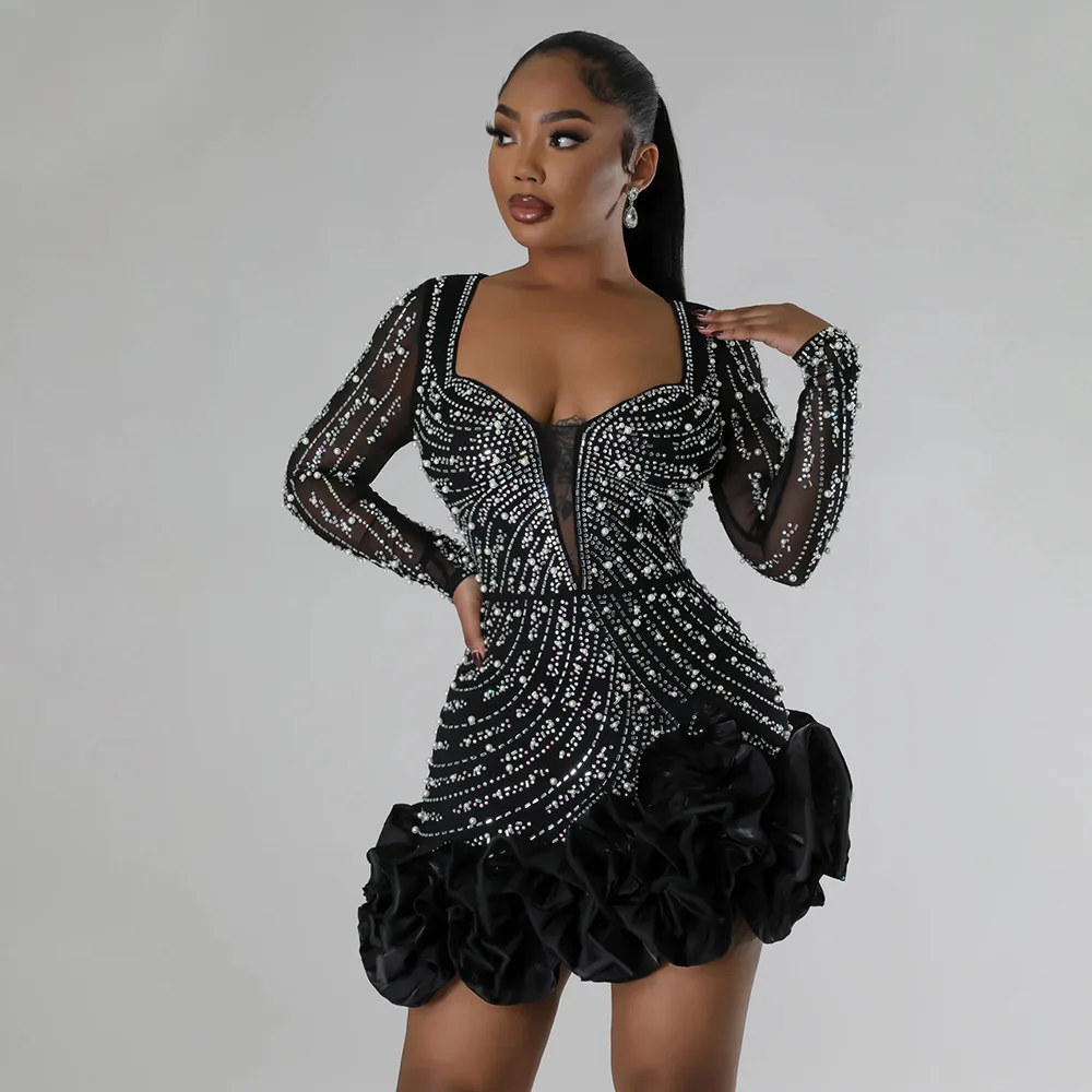 CM.YAYA Spring Women Long Sleeve Ruffles Hot Drilling Bead Short Dress Sexy Night Club Evening Birthday Mini Dresses Vestidos