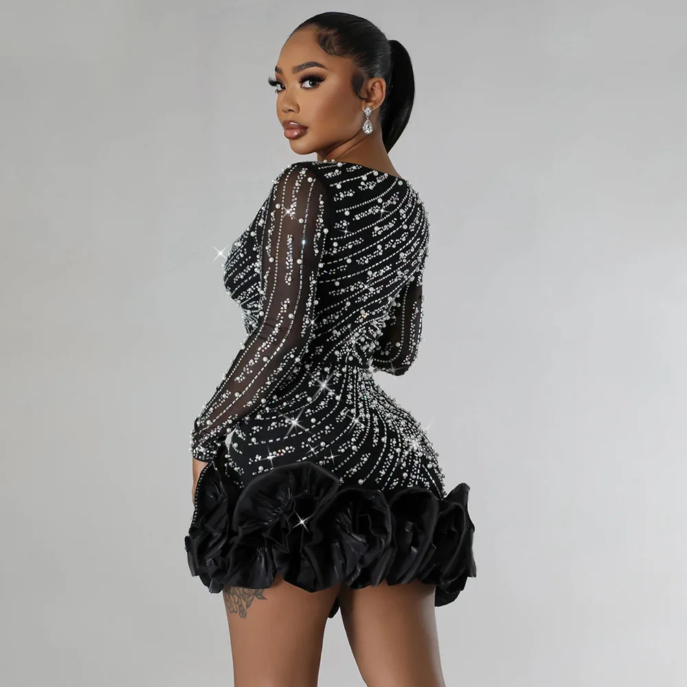CM.YAYA Spring Women Long Sleeve Ruffles Hot Drilling Bead Short Dress Sexy Night Club Evening Birthday Mini Dresses Vestidos