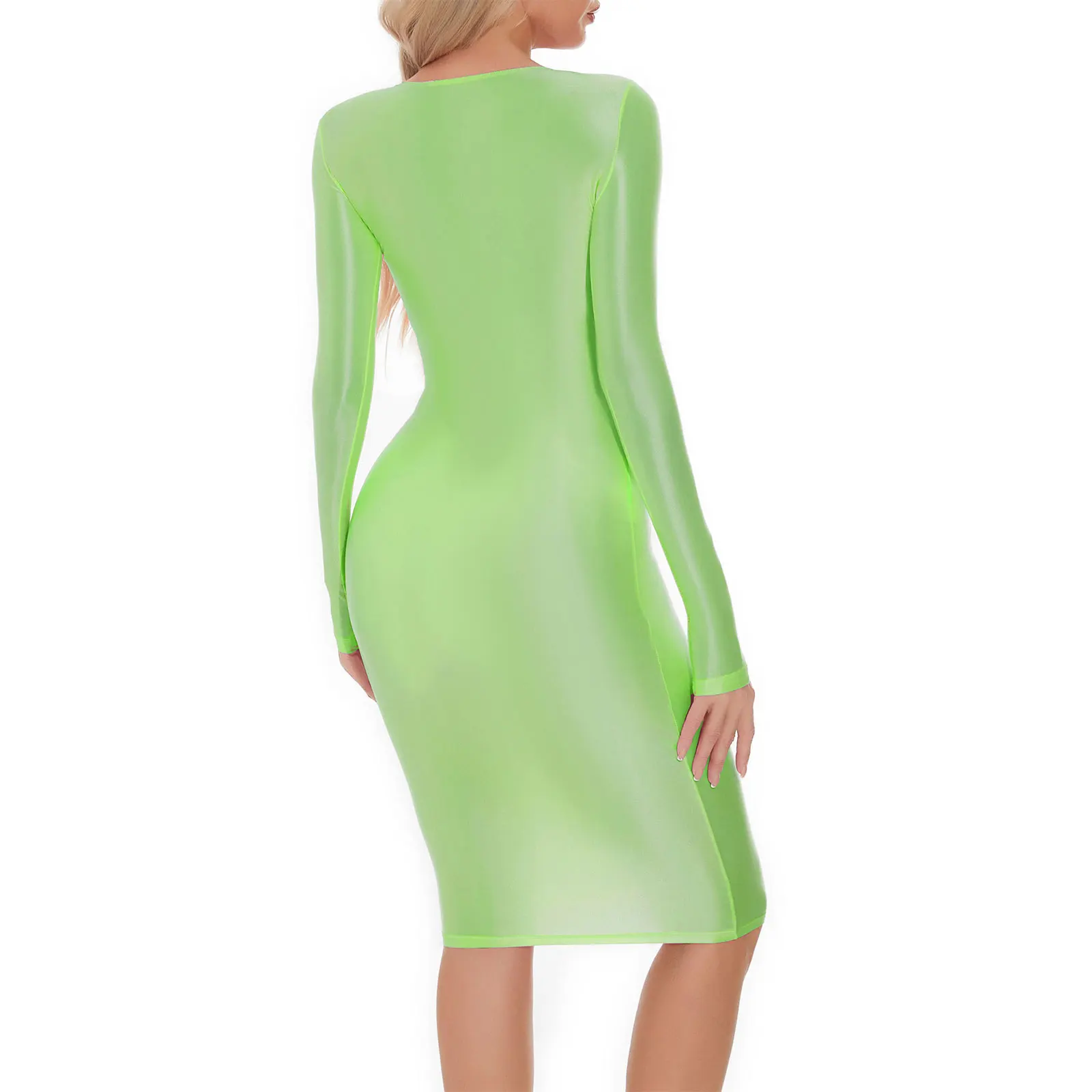 Womens Oil-shiny Hip Wrap Bodycon Dress Round Neck Long SleeveSleep Dress Sexy Nightwear Rave Party Clubwear Female Clothing
