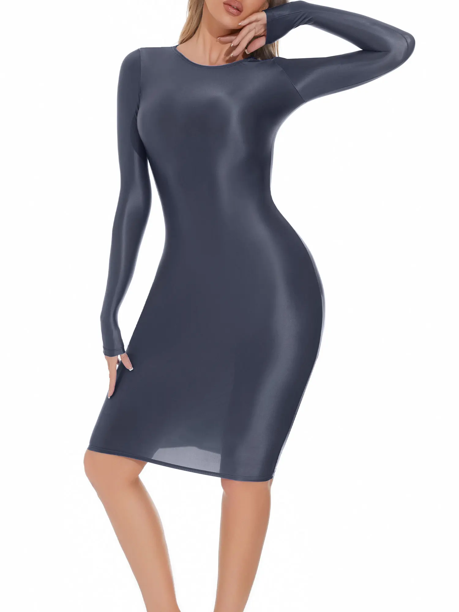Womens Oil-shiny Hip Wrap Bodycon Dress Round Neck Long SleeveSleep Dress Sexy Nightwear Rave Party Clubwear Female Clothing