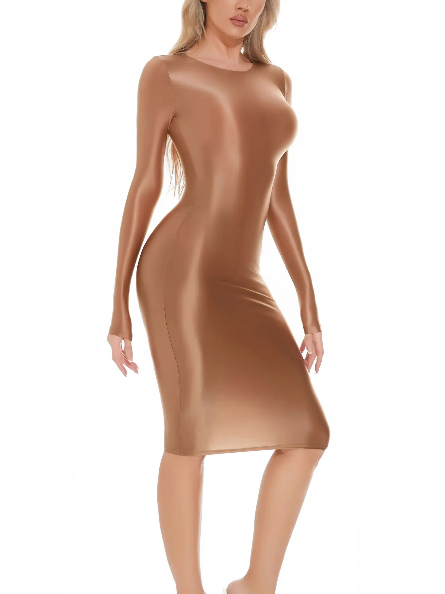 Womens Oil-shiny Hip Wrap Bodycon Dress Round Neck Long SleeveSleep Dress Sexy Nightwear Rave Party Clubwear Female Clothing