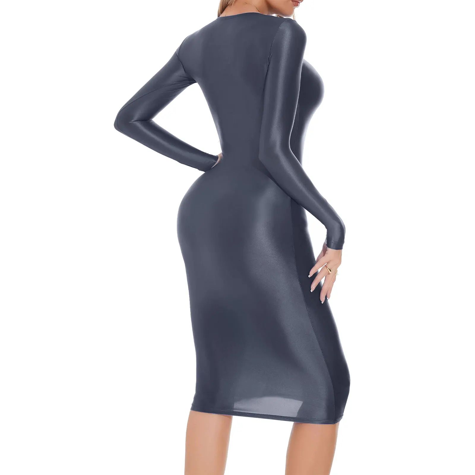 Womens Oil-shiny Hip Wrap Bodycon Dress Round Neck Long SleeveSleep Dress Sexy Nightwear Rave Party Clubwear Female Clothing