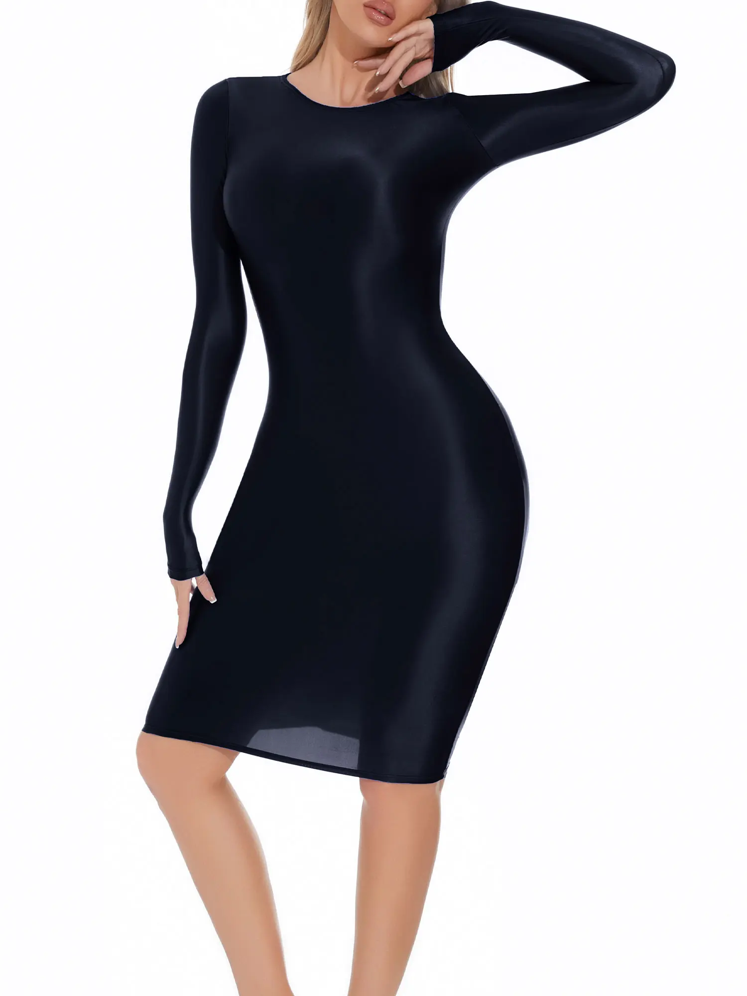Womens Oil-shiny Hip Wrap Bodycon Dress Round Neck Long SleeveSleep Dress Sexy Nightwear Rave Party Clubwear Female Clothing