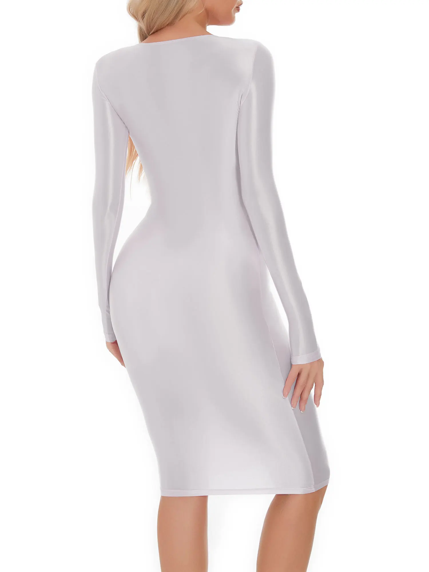 Womens Oil-shiny Hip Wrap Bodycon Dress Round Neck Long SleeveSleep Dress Sexy Nightwear Rave Party Clubwear Female Clothing