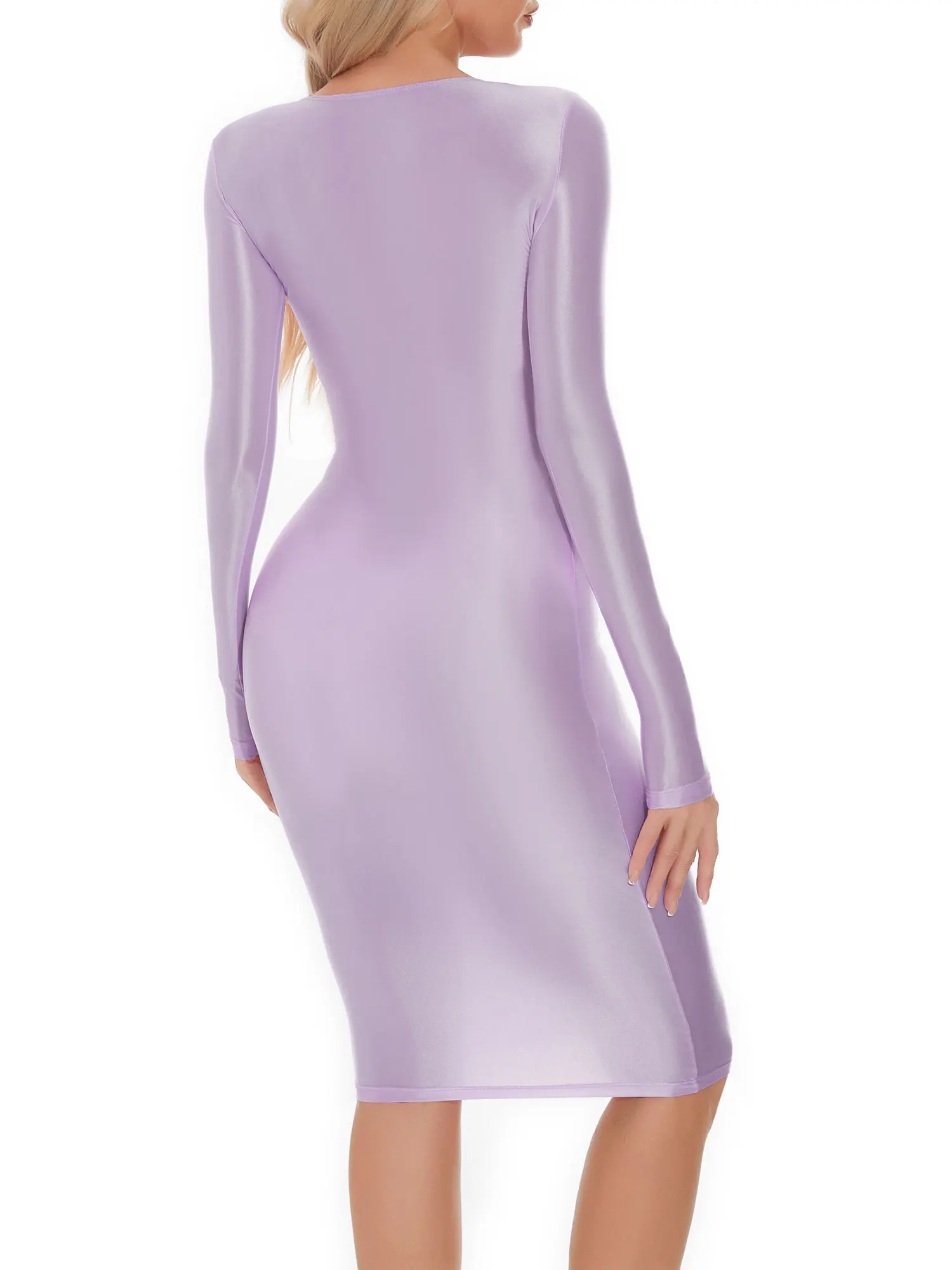 Womens Oil-shiny Hip Wrap Bodycon Dress Round Neck Long SleeveSleep Dress Sexy Nightwear Rave Party Clubwear Female Clothing