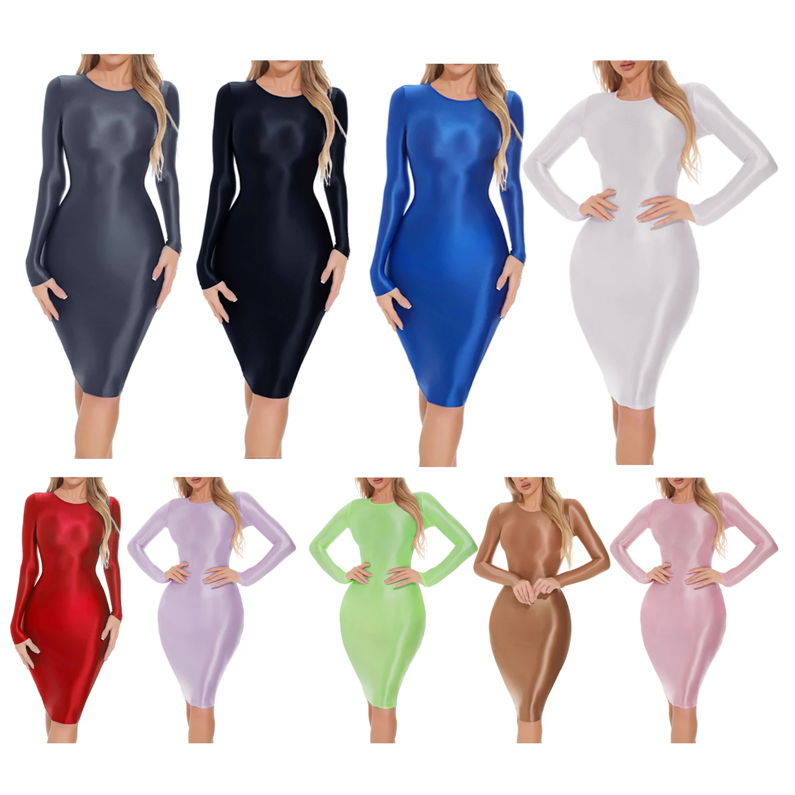 Womens Oil-shiny Hip Wrap Bodycon Dress Round Neck Long SleeveSleep Dress Sexy Nightwear Rave Party Clubwear Female Clothing