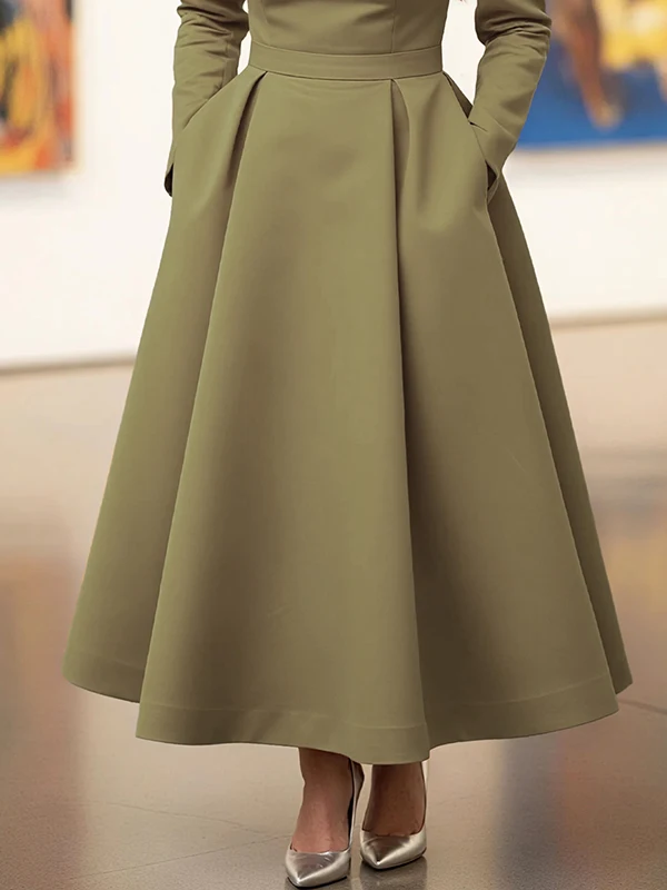 Olive Green Asymmetric Collar Long-Sleeve Midi Dress Elegant A-Line Wedding Guest Gown with Pockets Formal Bridal Event Outfit