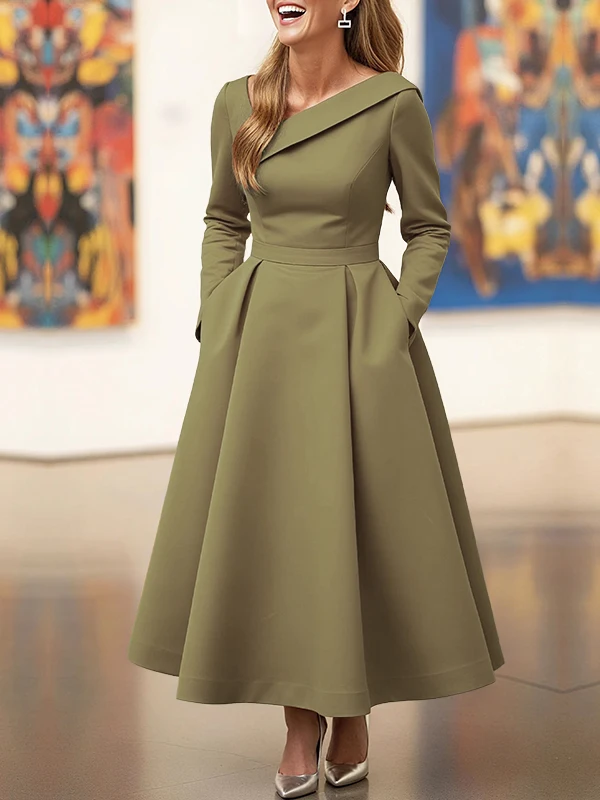 Olive Green Asymmetric Collar Long-Sleeve Midi Dress Elegant A-Line Wedding Guest Gown with Pockets Formal Bridal Event Outfit