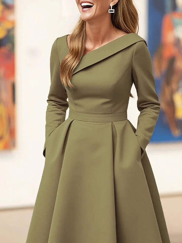 Olive Green Asymmetric Collar Long-Sleeve Midi Dress Elegant A-Line Wedding Guest Gown with Pockets Formal Bridal Event Outfit