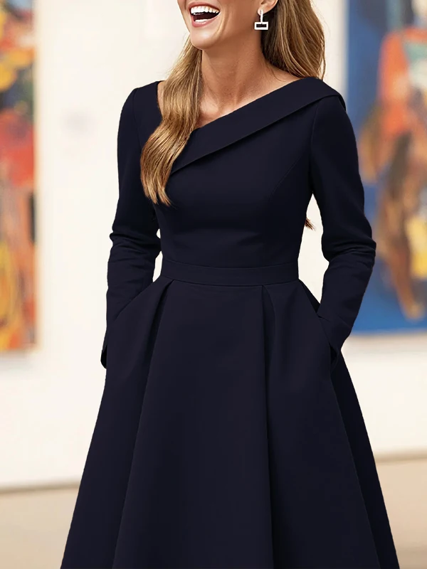 Olive Green Asymmetric Collar Long-Sleeve Midi Dress Elegant A-Line Wedding Guest Gown with Pockets Formal Bridal Event Outfit