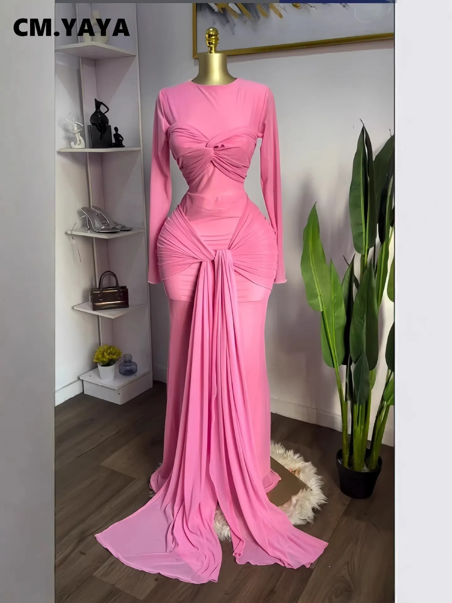 CM.YAYA Women Mesh See Though Long Sleeve Maxi Bowknot Long Dress 2026 Birthday Vacation Sexy Club Party Evening Street Dresses