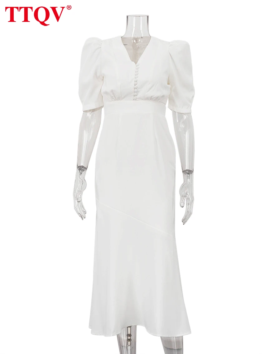 TTQV Summer Slim White Women's Dress 2025 Fashion V-Neck Short Sleeve Midi Dresses Elegant Classic High Waist Female Dress