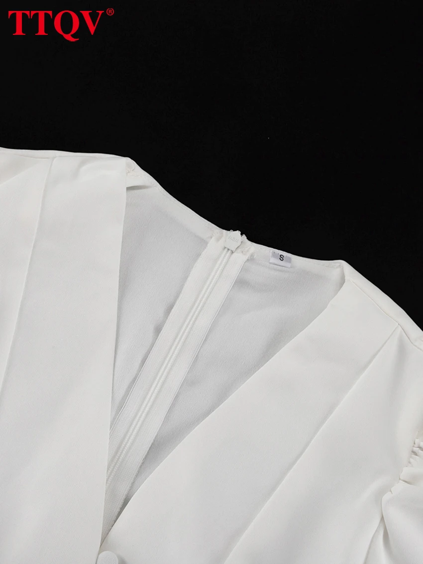 TTQV Summer Slim White Women's Dress 2025 Fashion V-Neck Short Sleeve Midi Dresses Elegant Classic High Waist Female Dress
