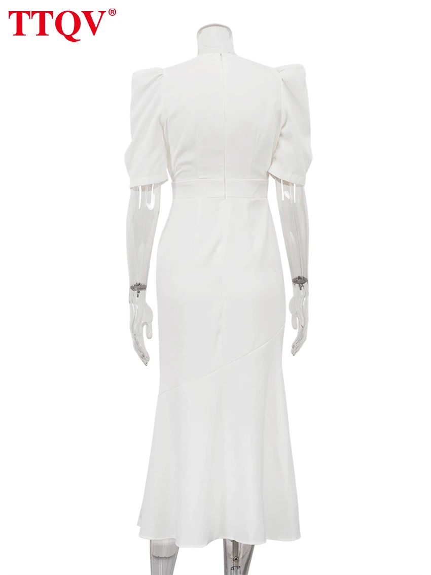 TTQV Summer Slim White Women's Dress 2025 Fashion V-Neck Short Sleeve Midi Dresses Elegant Classic High Waist Female Dress