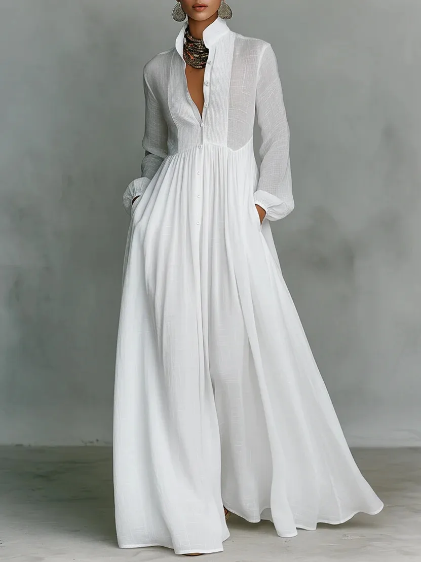 Women's Elegant Single Breasted Long Dress 2026 French High Waist Solid Pockets Pleated Maxi Evening Dress