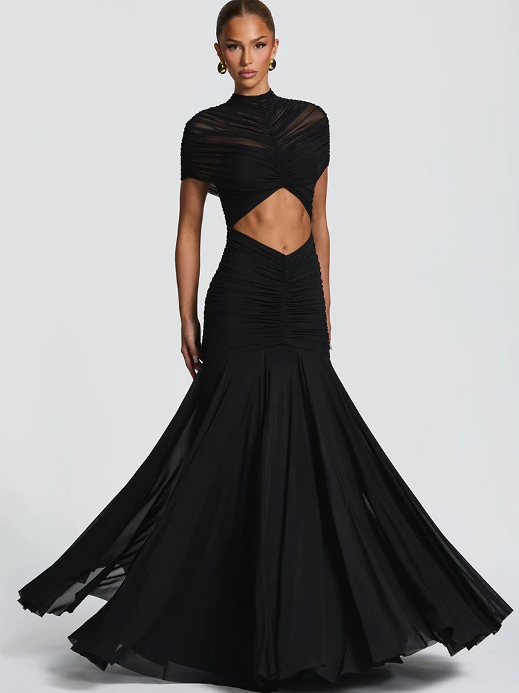 JULISSA MO Patchwork Sexy Hollow Out Sheer Mesh Women Maxi Dress Turtleneck Ruched Dress Spring Slim Elegant Party Evening Dress